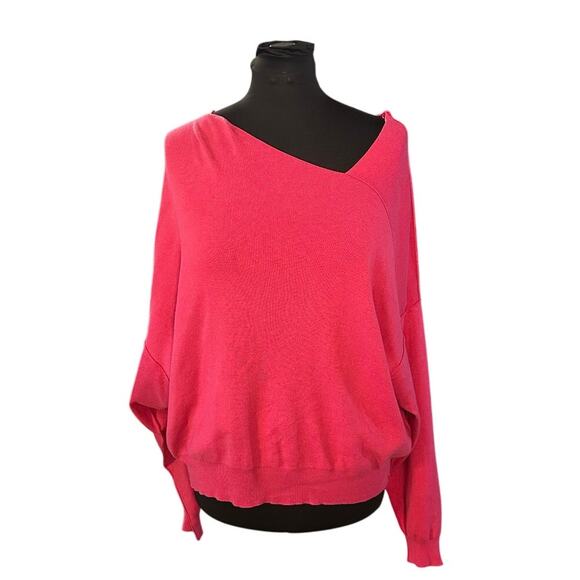 Umgee Asymmetrical Neck Drop Sleeve Oversized Pink Sweater Size S - Picture 1 of 8